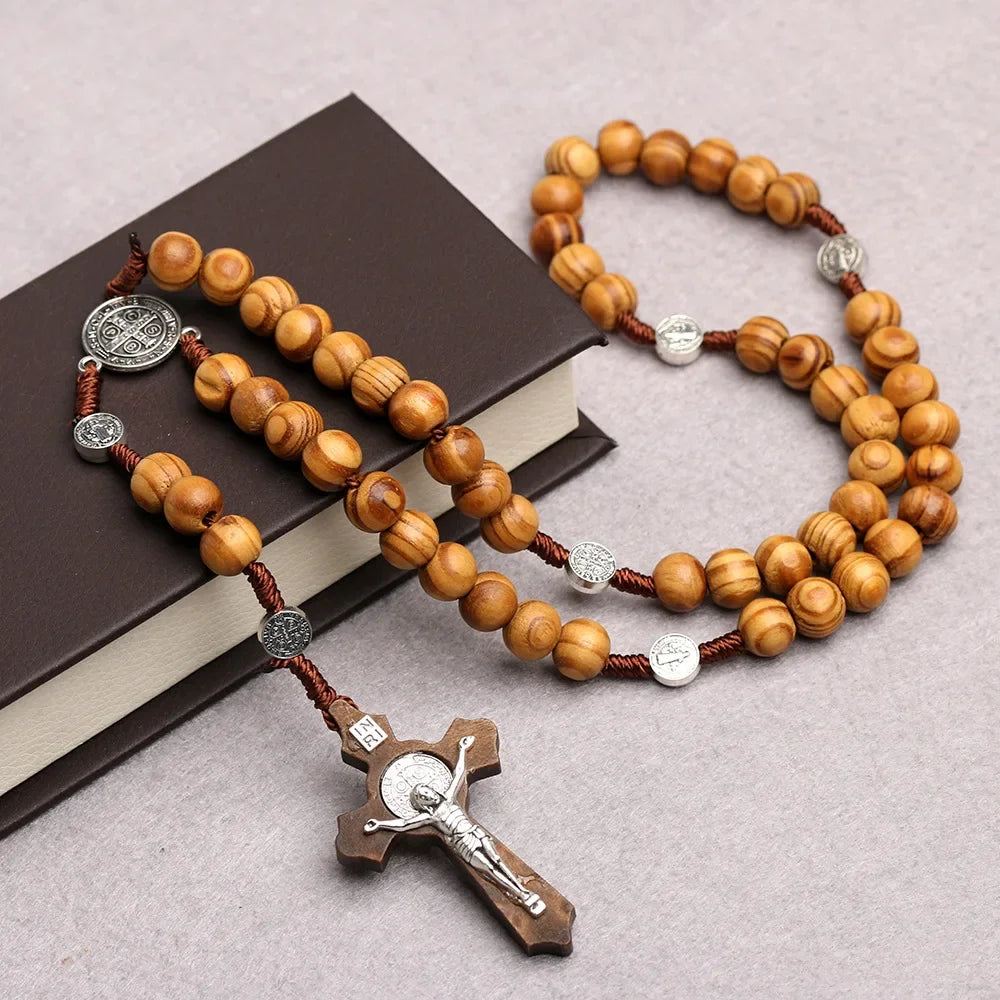 Catholic Wood Bead Rosary Necklace – INRI Crucifix Christian Prayer Chain