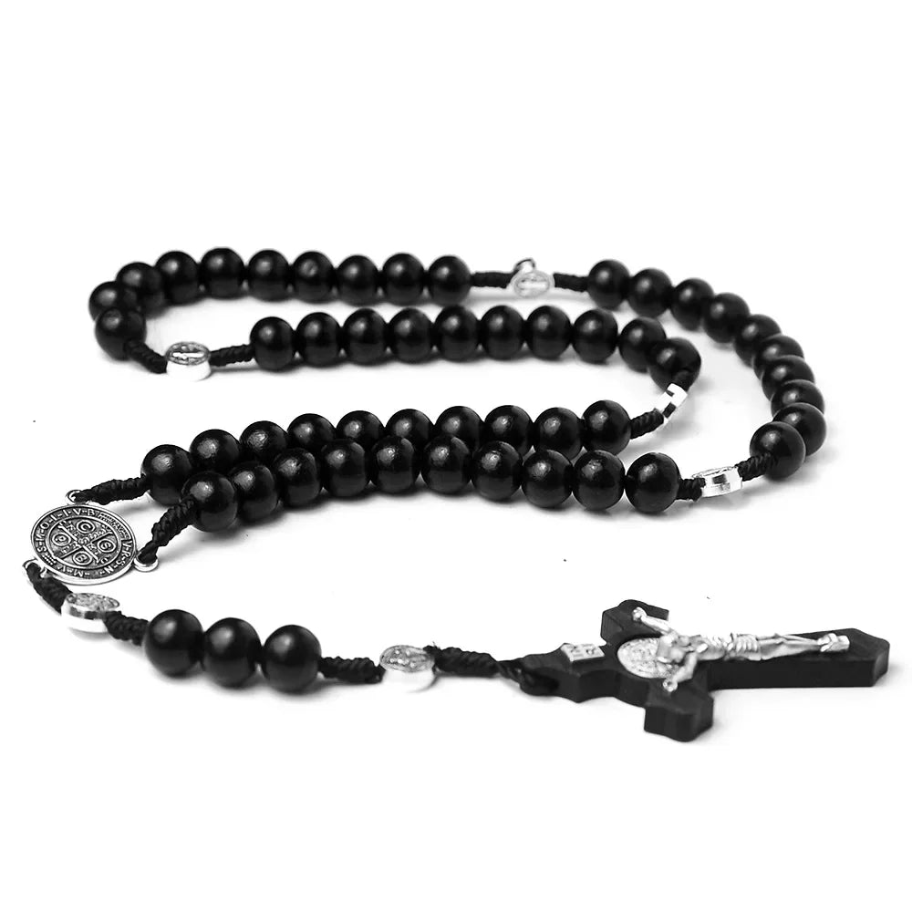 Catholic Wood Bead Rosary Necklace – INRI Crucifix Christian Prayer Chain