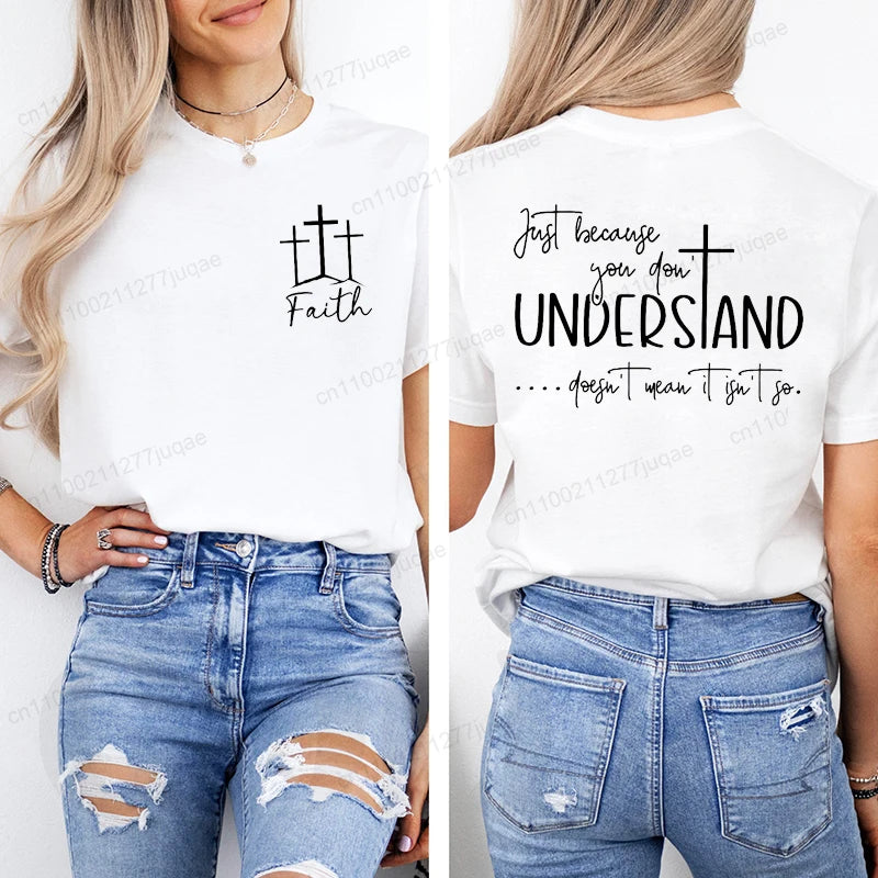Understanding Faith Women’s Christian T-Shirt – Jesus Print Casual Top