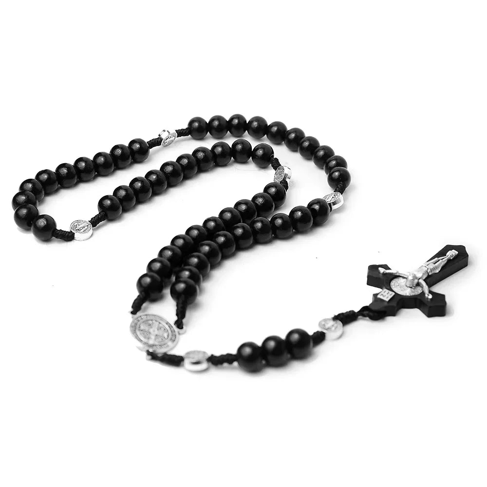 Catholic Wood Bead Rosary Necklace – INRI Crucifix Christian Prayer Chain