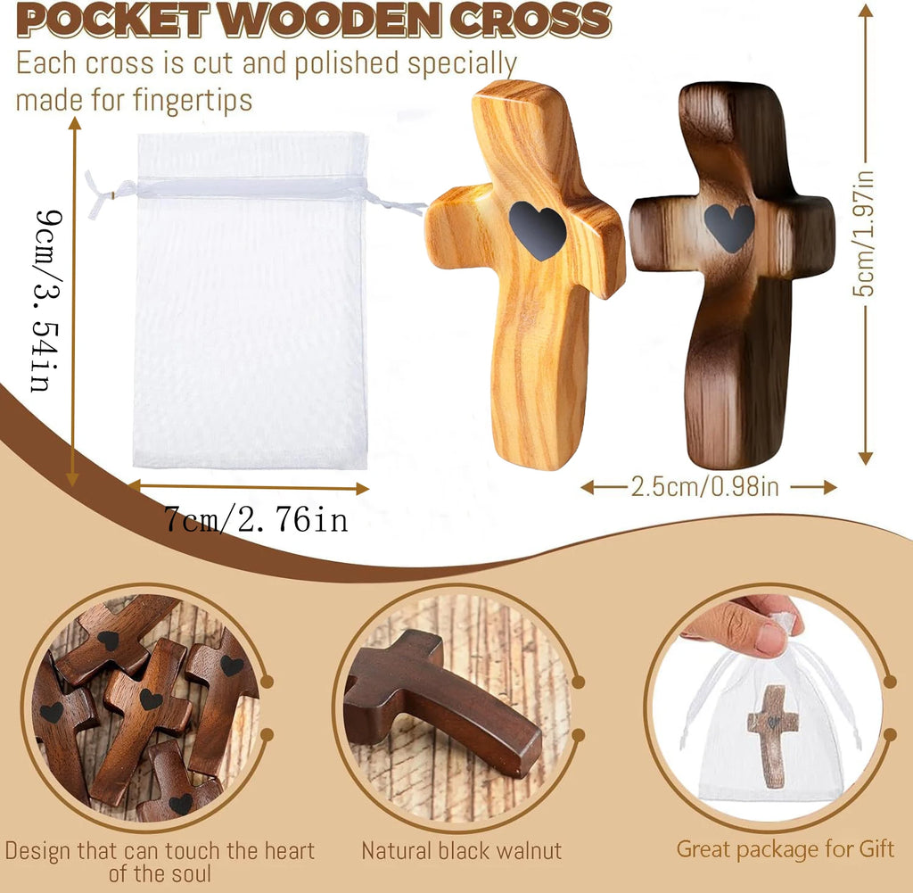 Handmade Wooden Pocket Cross Set – Christian Encouragement Gift with Organza Bags