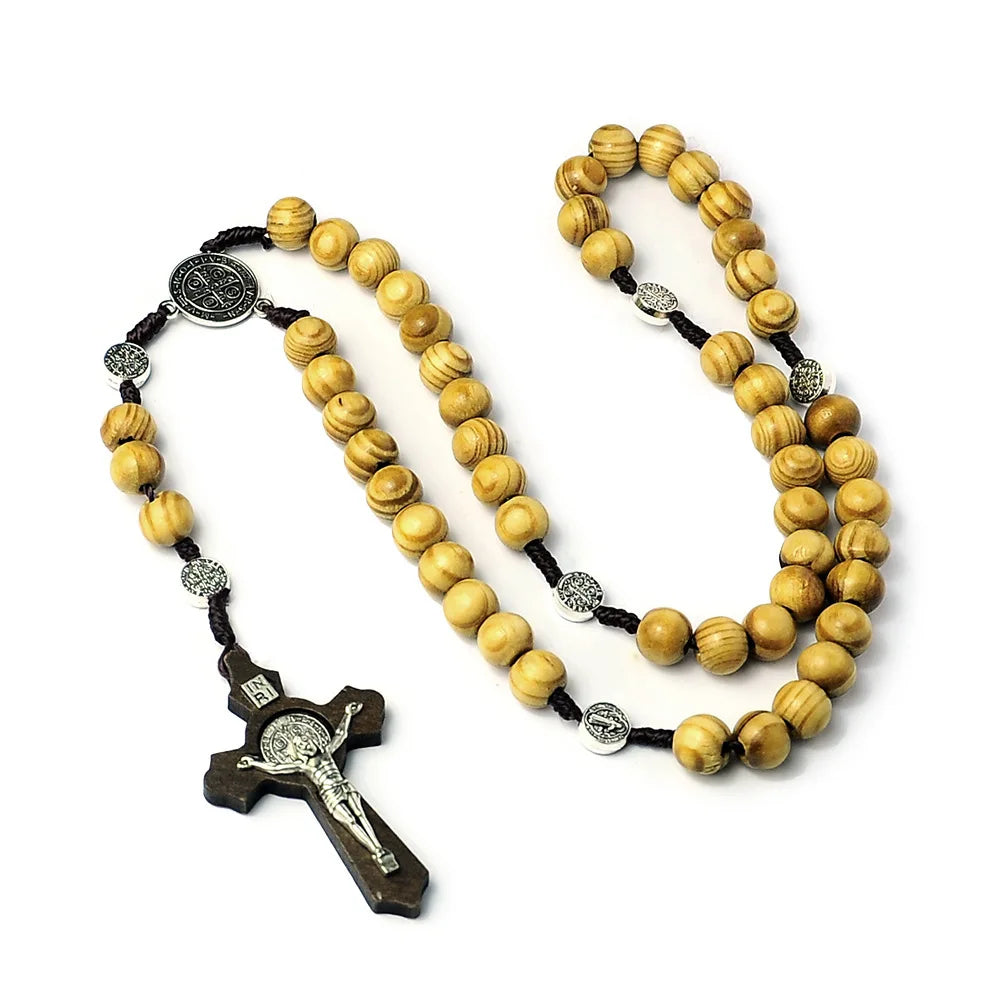 Catholic Wood Bead Rosary Necklace – INRI Crucifix Christian Prayer Chain